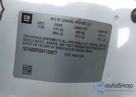 2010 Chevrolet Cobalt Lt из США, поврежденный, VIN 1G1AD5F50A7139877